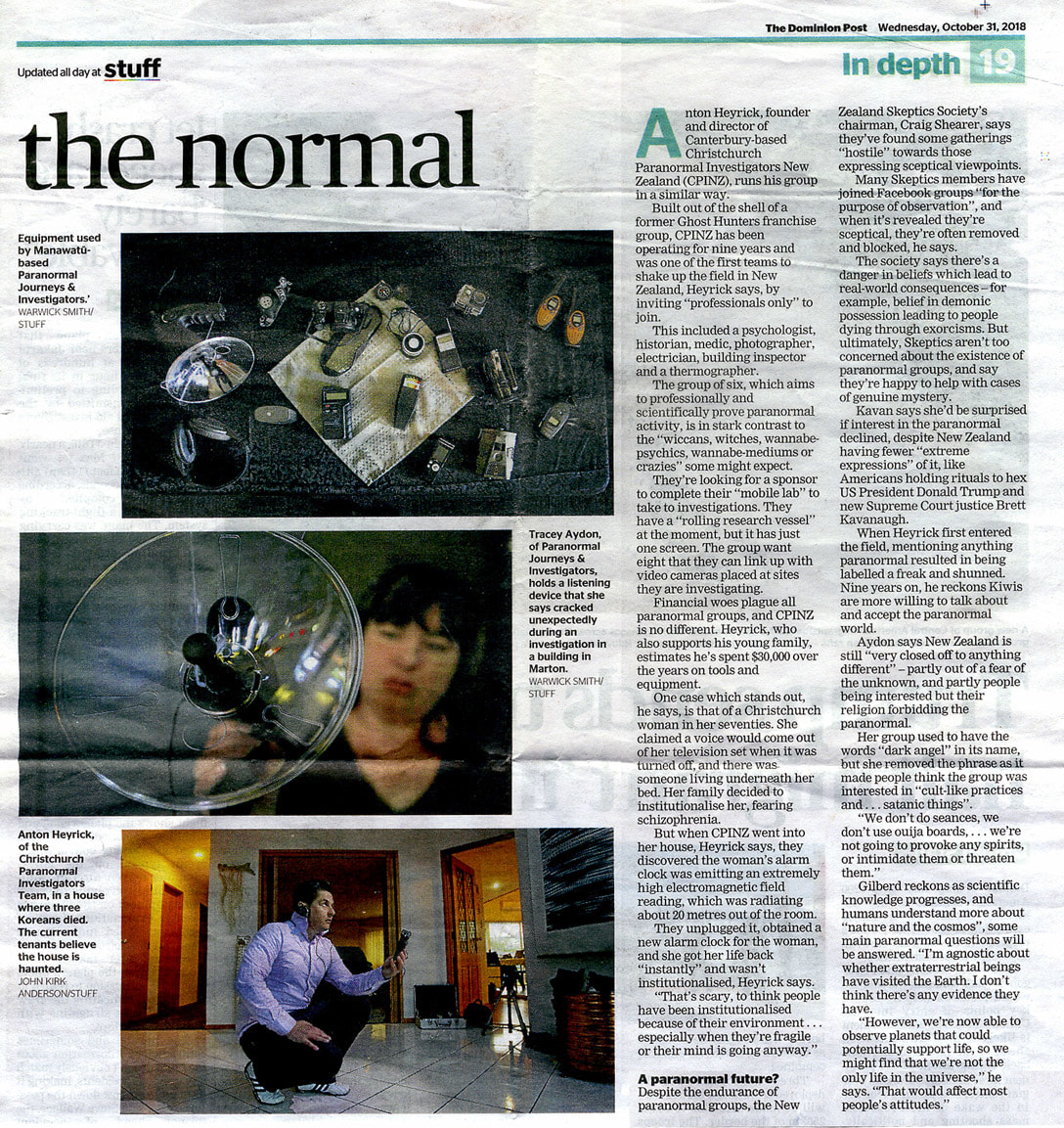 'Turning the paranormal into the normal' - Dominion Post article on the NZ paranormal scene, 31 October 2018, Andre Chumsky, New Zealand Strange Occurrences Society