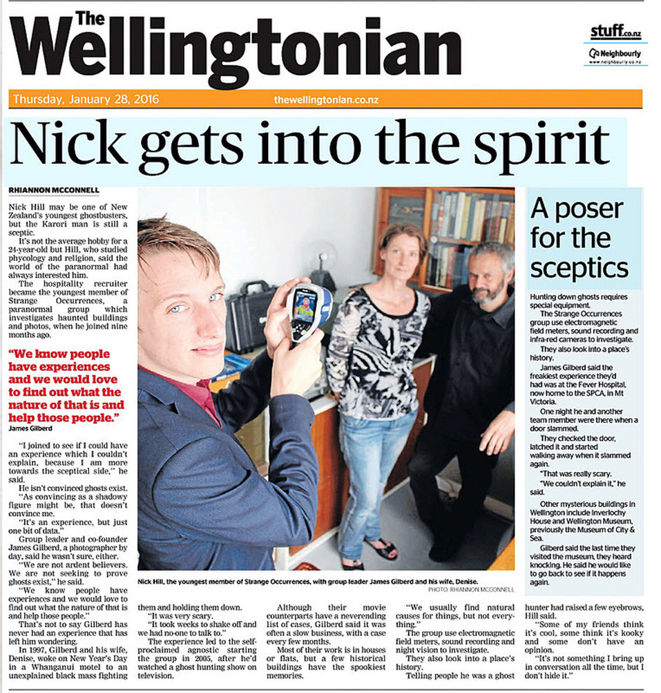 Front page of The Wellingtonian, 28th January 2016, New Zealand Strange Occurrences Society article, Nick Hill