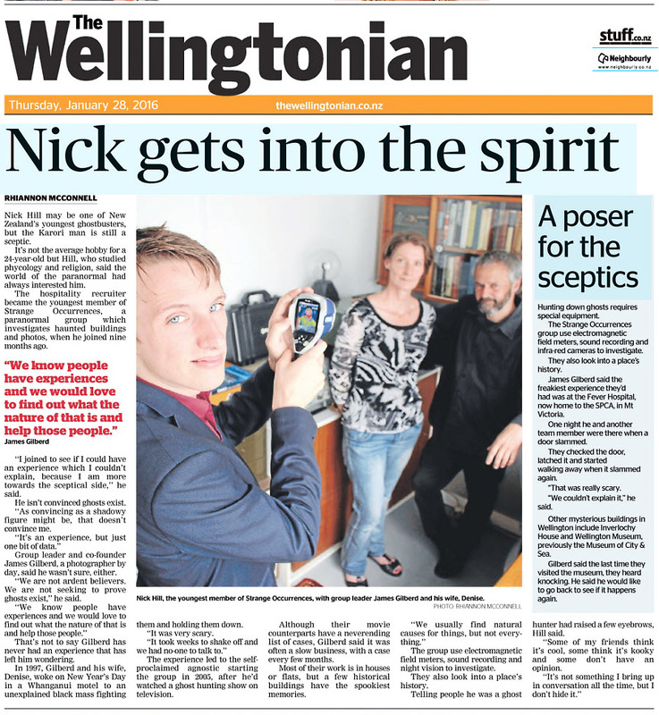 Front page of The Wellingtonian, 28th January 2016, New Zealand Strange Occurrences Society article, Nick Hill