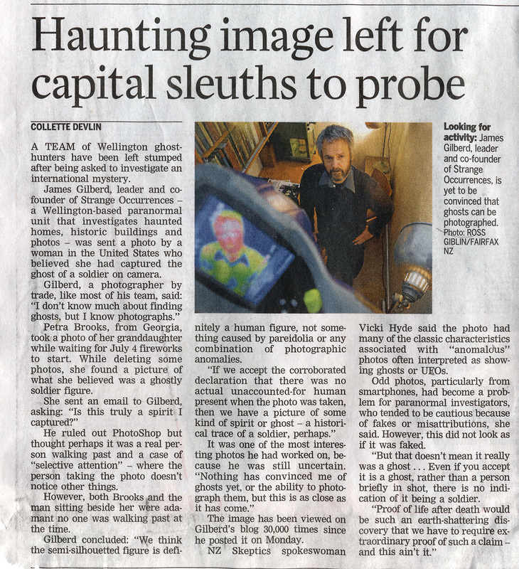 'Haunting image left for capital sleuths to probe' article in Dominion Post 9th August 2014, ghost soldier photo, new Zealand Strange Occurrences Society