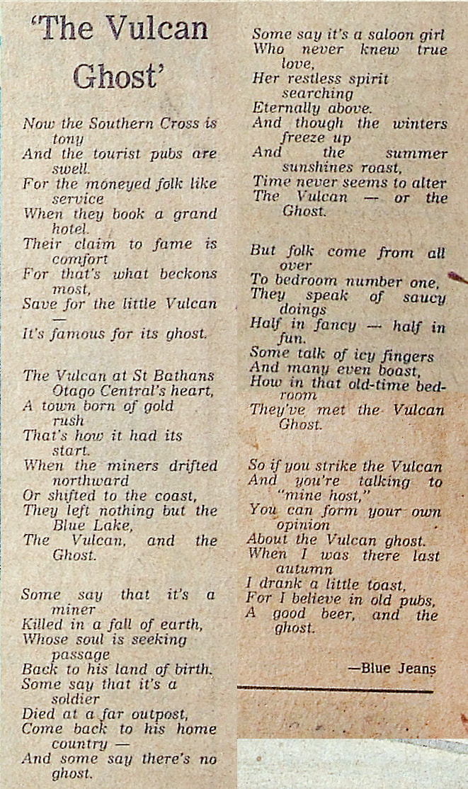 Poem by Blue Jeans from an article from The Press on the haunting of the Vulcan Hotel in St Bathans Central Otago published in The Press on Friday July 10th 1987, New Zealand Strange Occurrences Society
