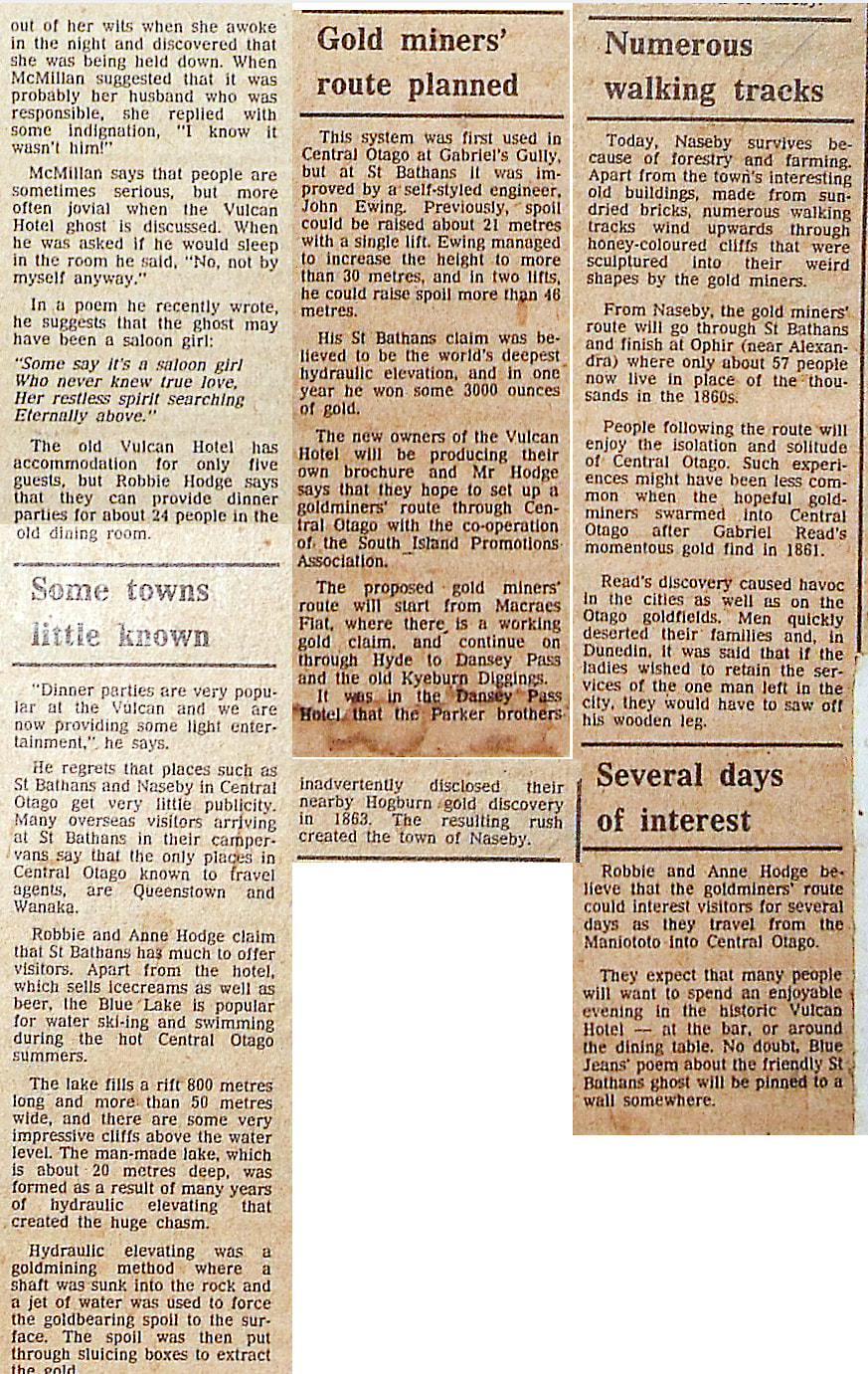 Article from The Press on the haunting of the Vulcan Hotel in St Bathans Central Otago published in The Press on Friday July 10th 1987, New Zealand Strange Occurrences Society